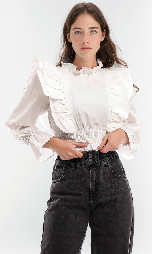 96728 Ruffled Elegant White Blouse With Wide Elastic Trim