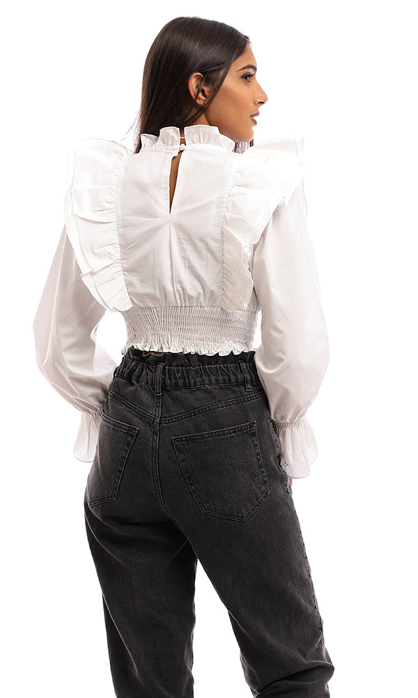 96728 Ruffled Elegant White Blouse With Wide Elastic Trim