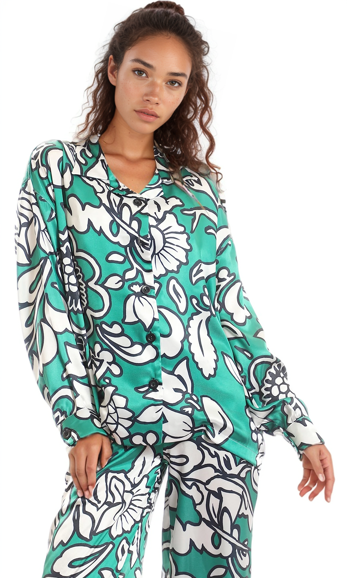 97085 Fashionable Self Floral Stain Classic Neck Shirt - Green, White & Black