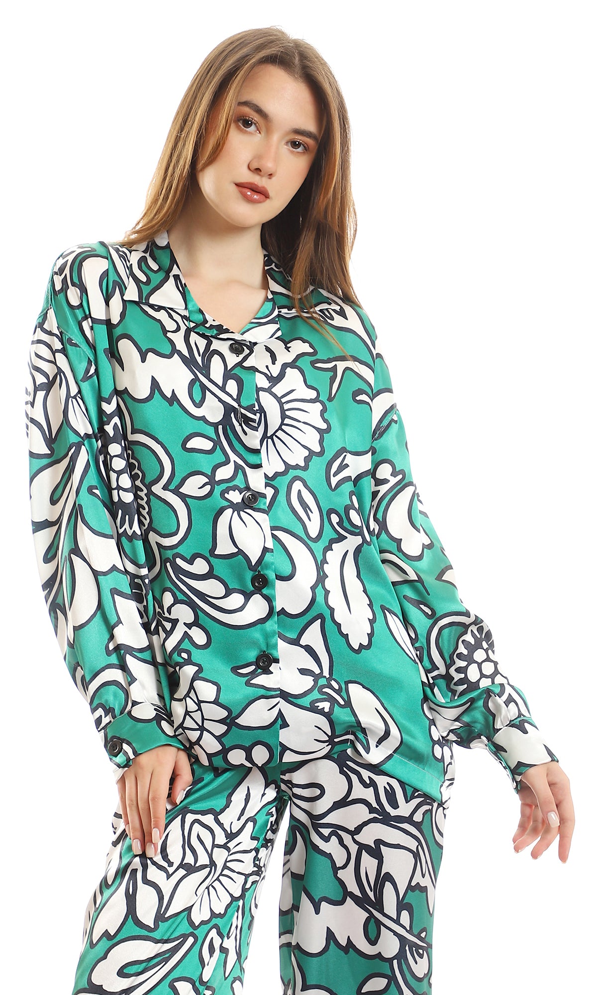 97085 Fashionable Self Floral Stain Classic Neck Shirt - Green, White & Black