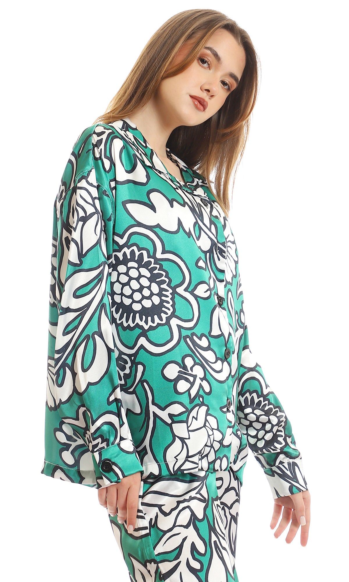 97085 Fashionable Self Floral Stain Classic Neck Shirt - Green, White & Black