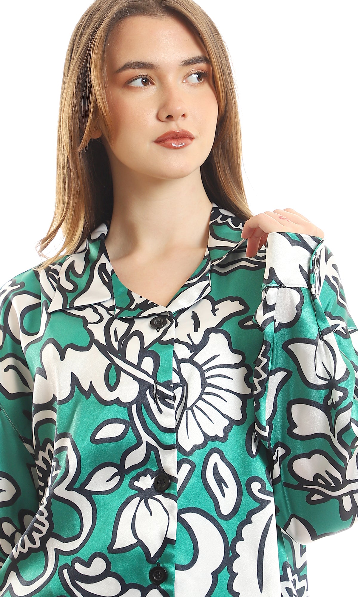 97085 Fashionable Self Floral Stain Classic Neck Shirt - Green, White & Black