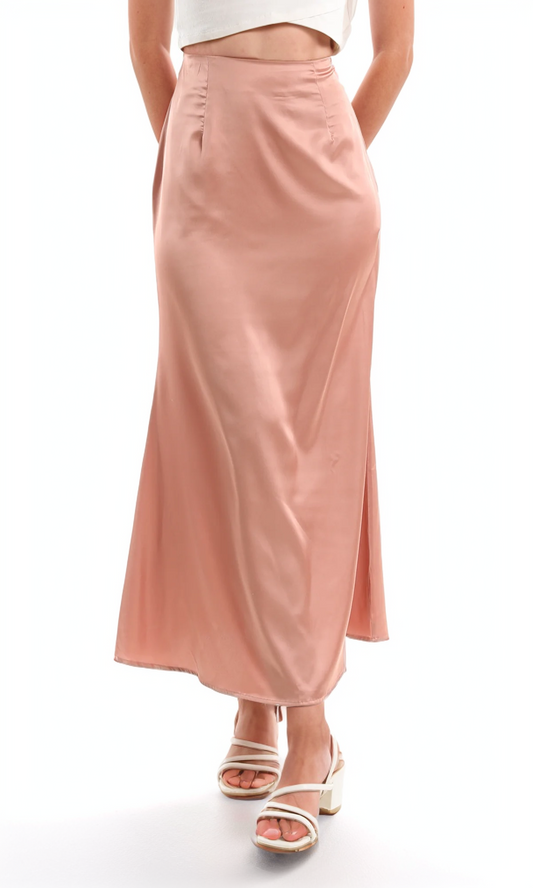 97148 Rose Gold Shiny Maxi Skirt With Zipper Closure