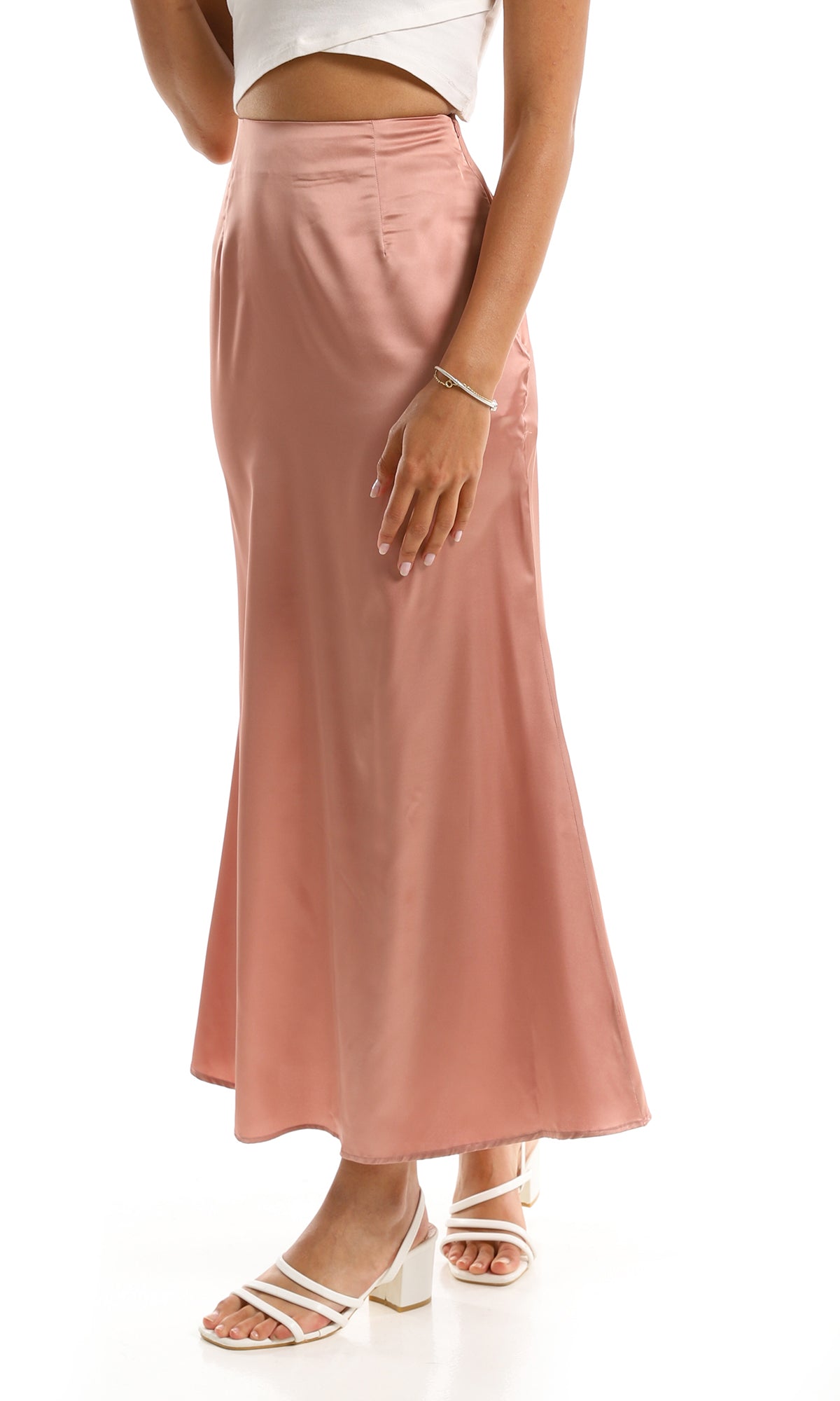 97148 Rose Gold Shiny Maxi Skirt With Zipper Closure