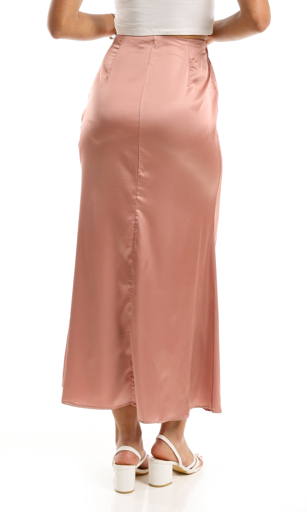 97148 Rose Gold Shiny Maxi Skirt With Zipper Closure