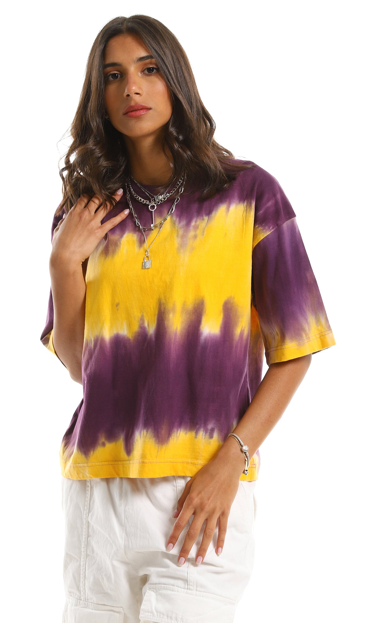 Purple and Yellow Tie-Dye Oversized Crew Neck T-Shirt - 97153