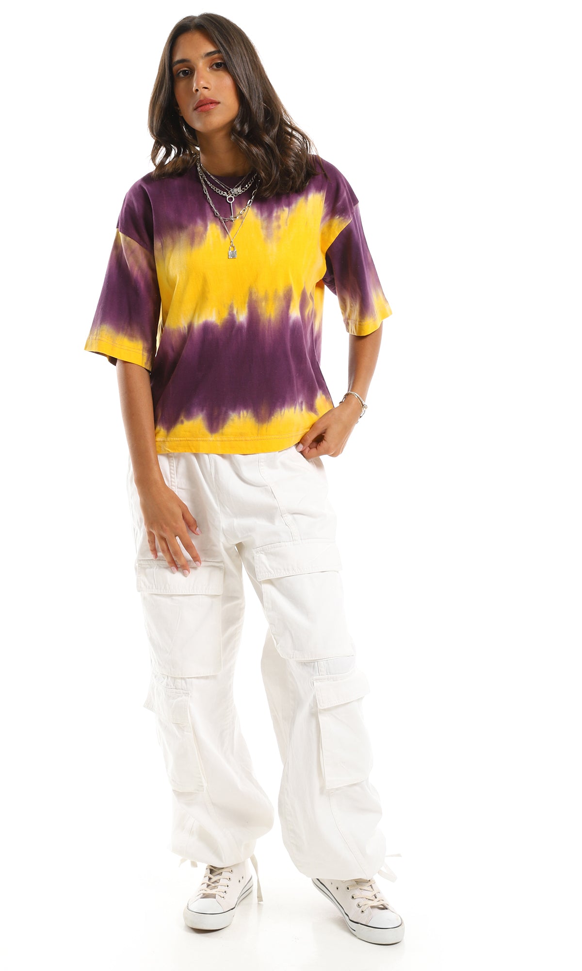Purple and Yellow Tie-Dye Oversized Crew Neck T-Shirt - 97153