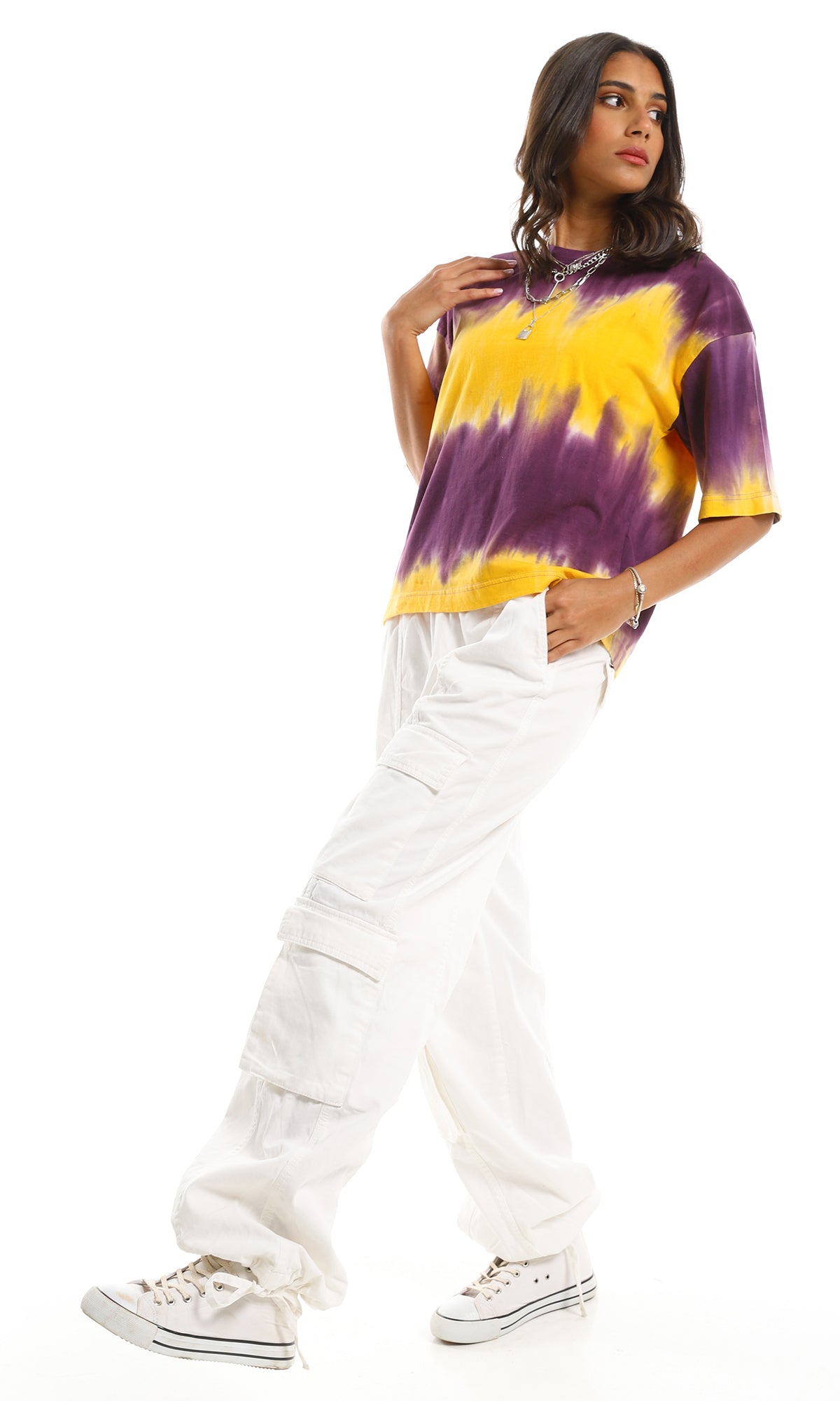 Purple and Yellow Tie-Dye Oversized Crew Neck T-Shirt - 97153