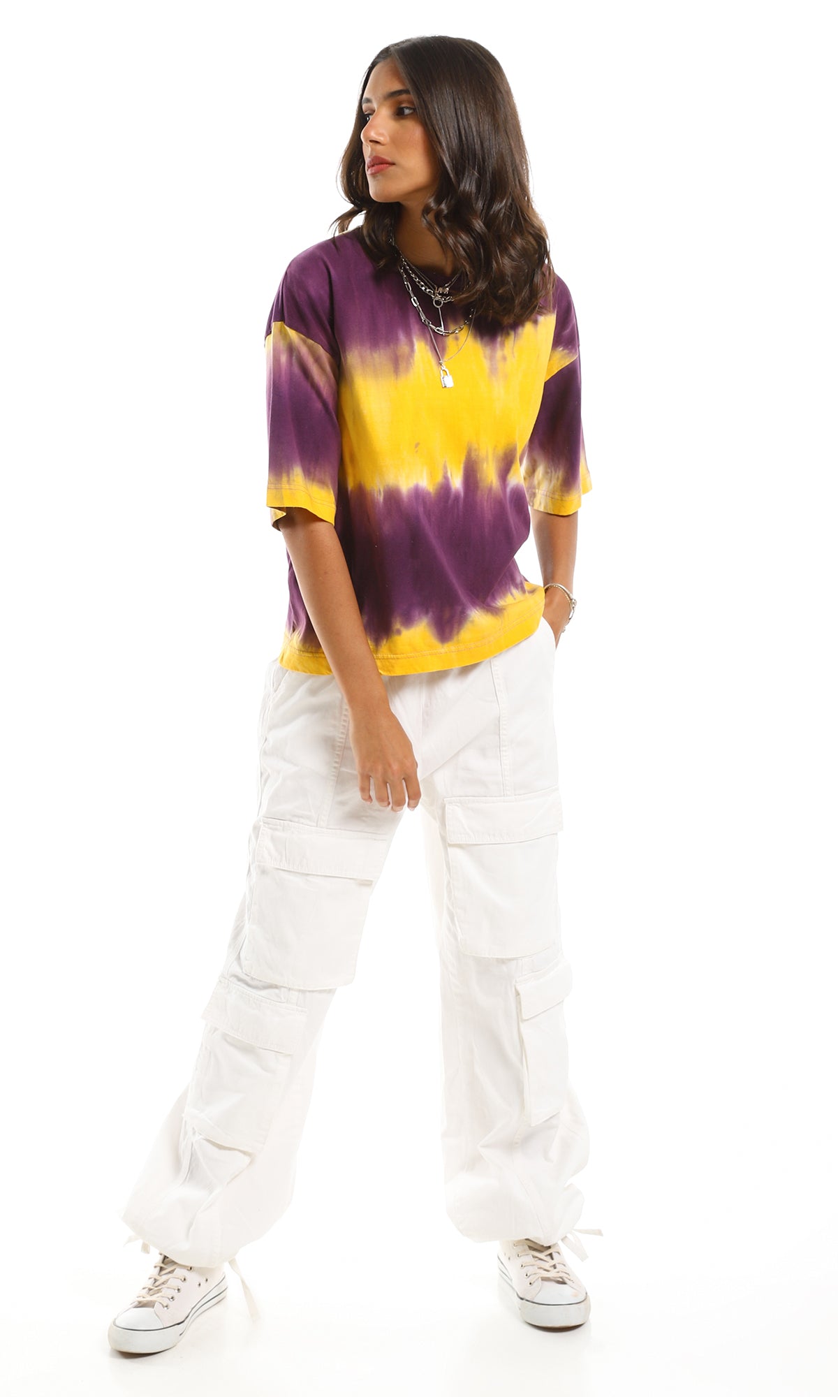 Purple and Yellow Tie-Dye Oversized Crew Neck T-Shirt - 97153