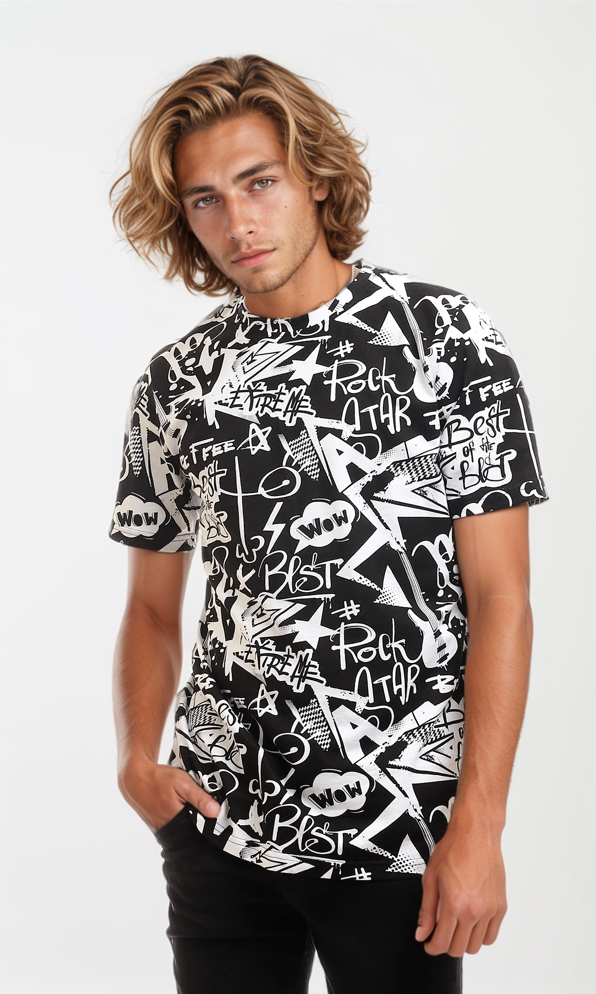 97169 Round Neck Half Sleeves Cotton T-Shirt - Black & White