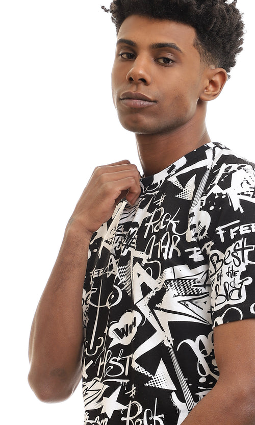 97169 Round Neck Half Sleeves Cotton T-Shirt - Black & White