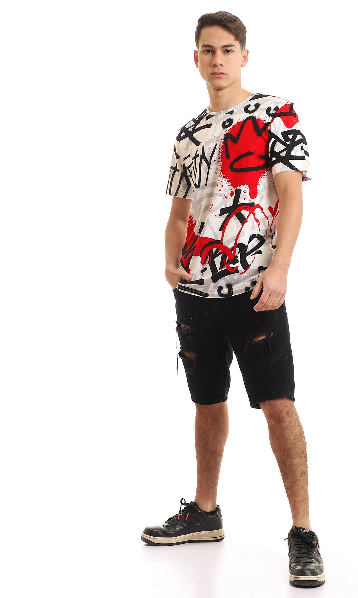 97183 Graffiti Printed Short Sleeves T-Shirt - Red & Black