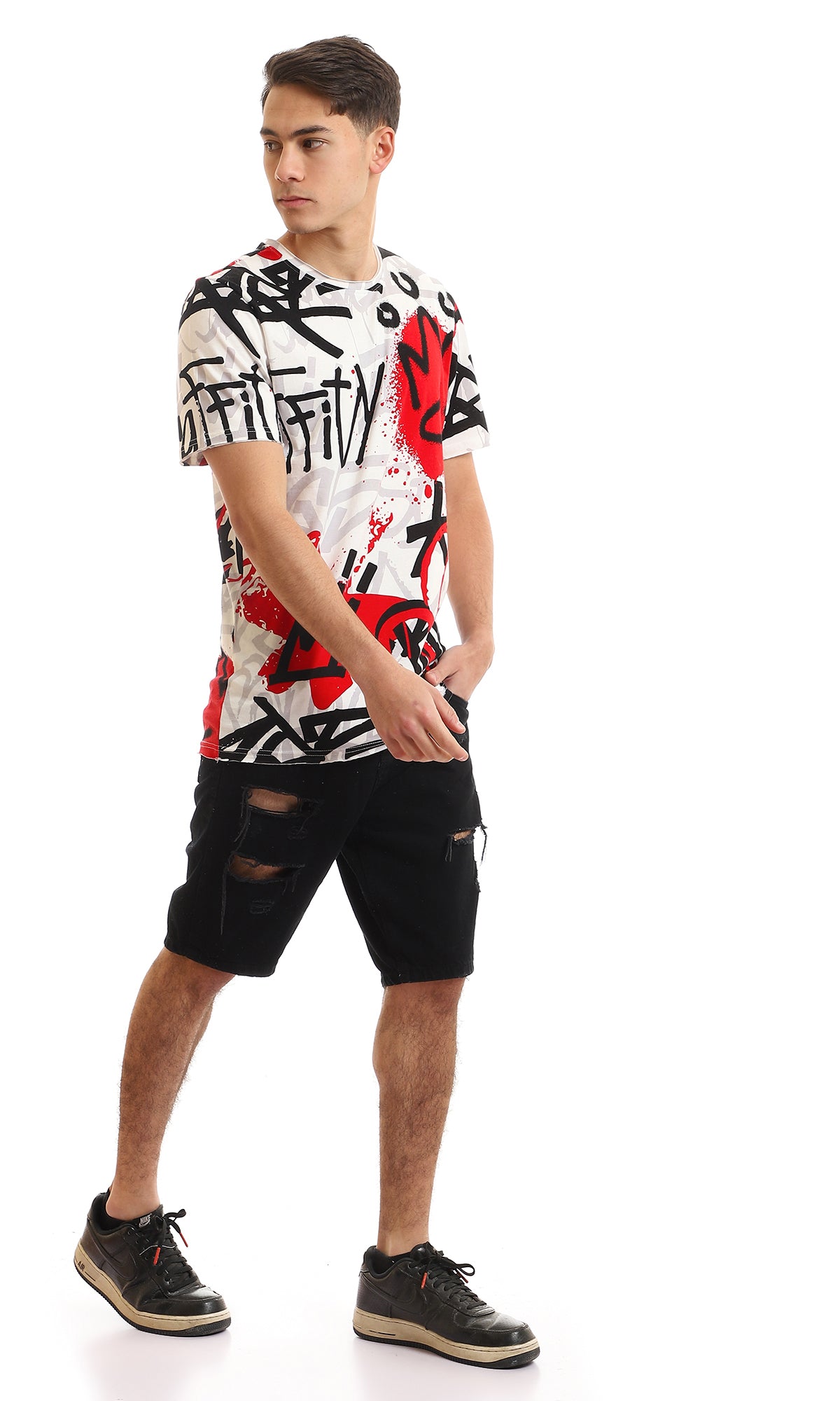 97183 Graffiti Printed Short Sleeves T-Shirt - Red & Black