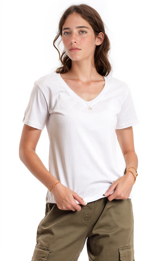 97261 V-Neck Cotton Basic Plain T-Shirt - White