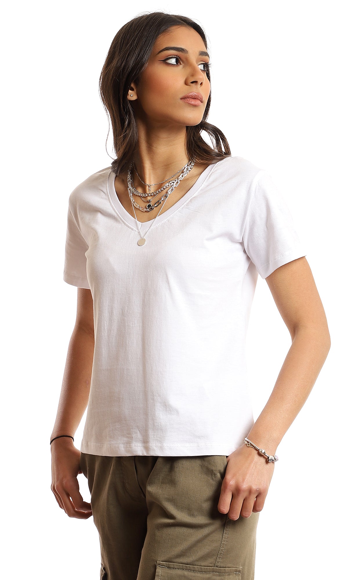 97261 V-Neck Cotton Basic Plain T-Shirt - White