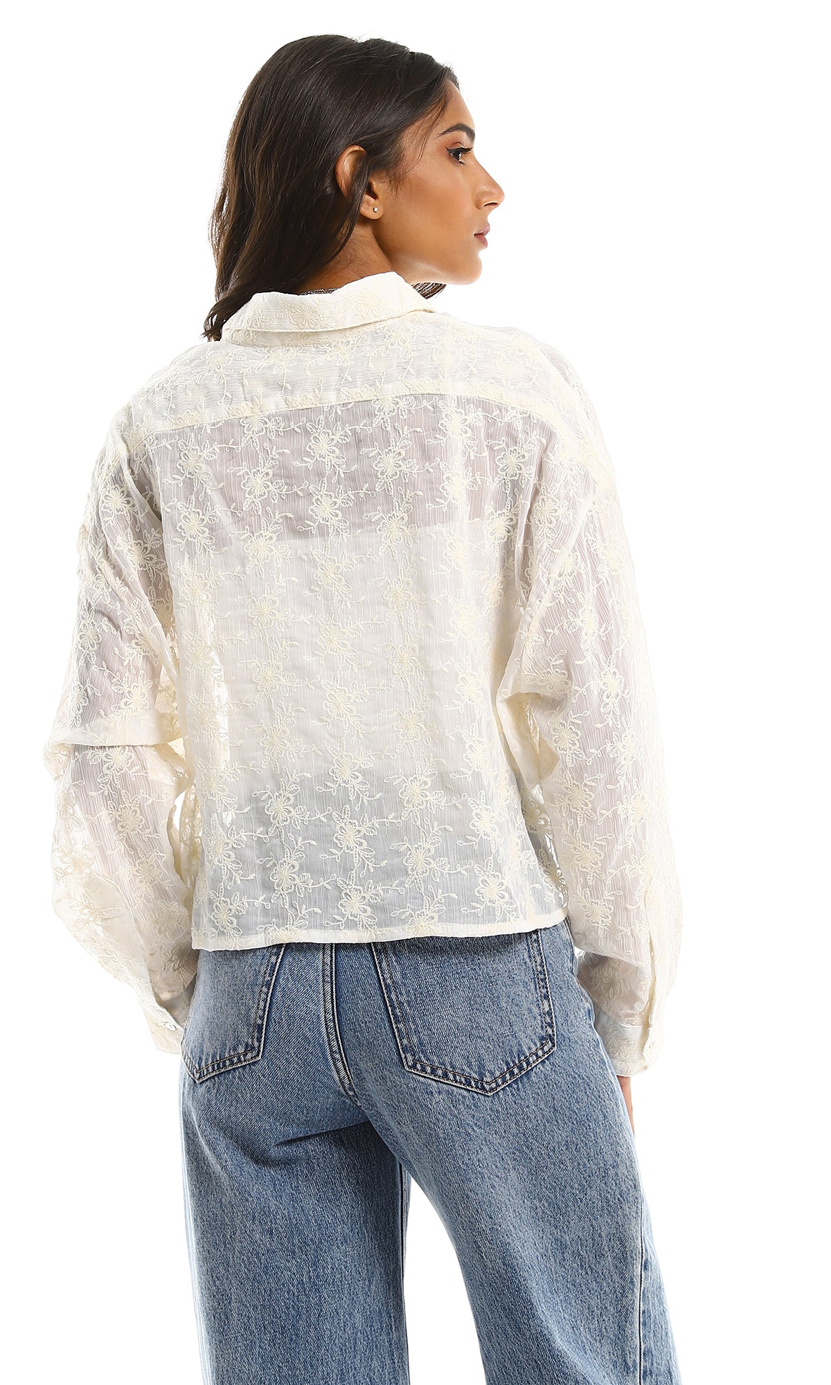 97325 Embroidered Long Sleeves Cream Cropped Shirt