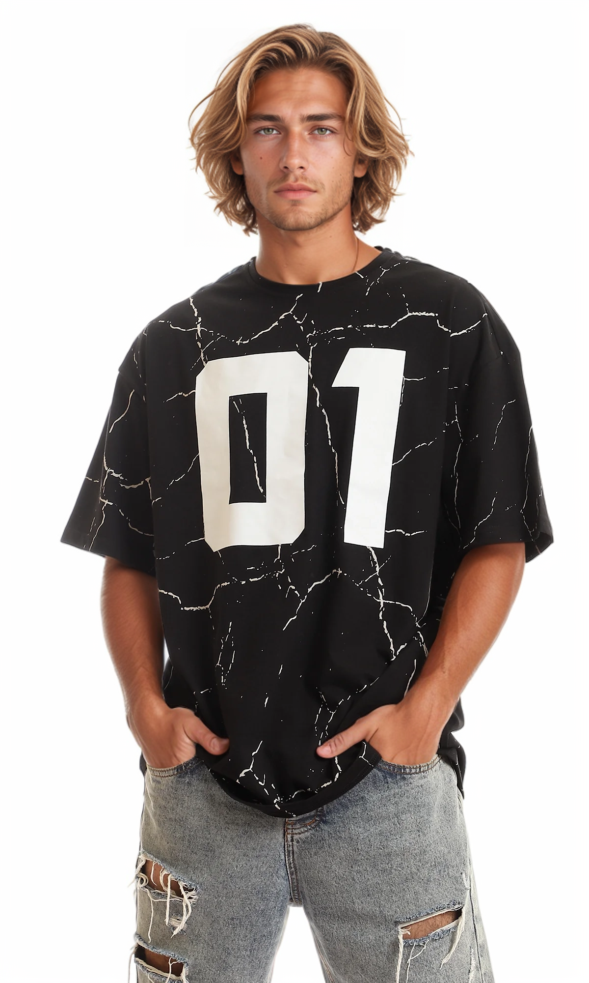 97355 Marble Printed Round Collar T-Shirt - Black