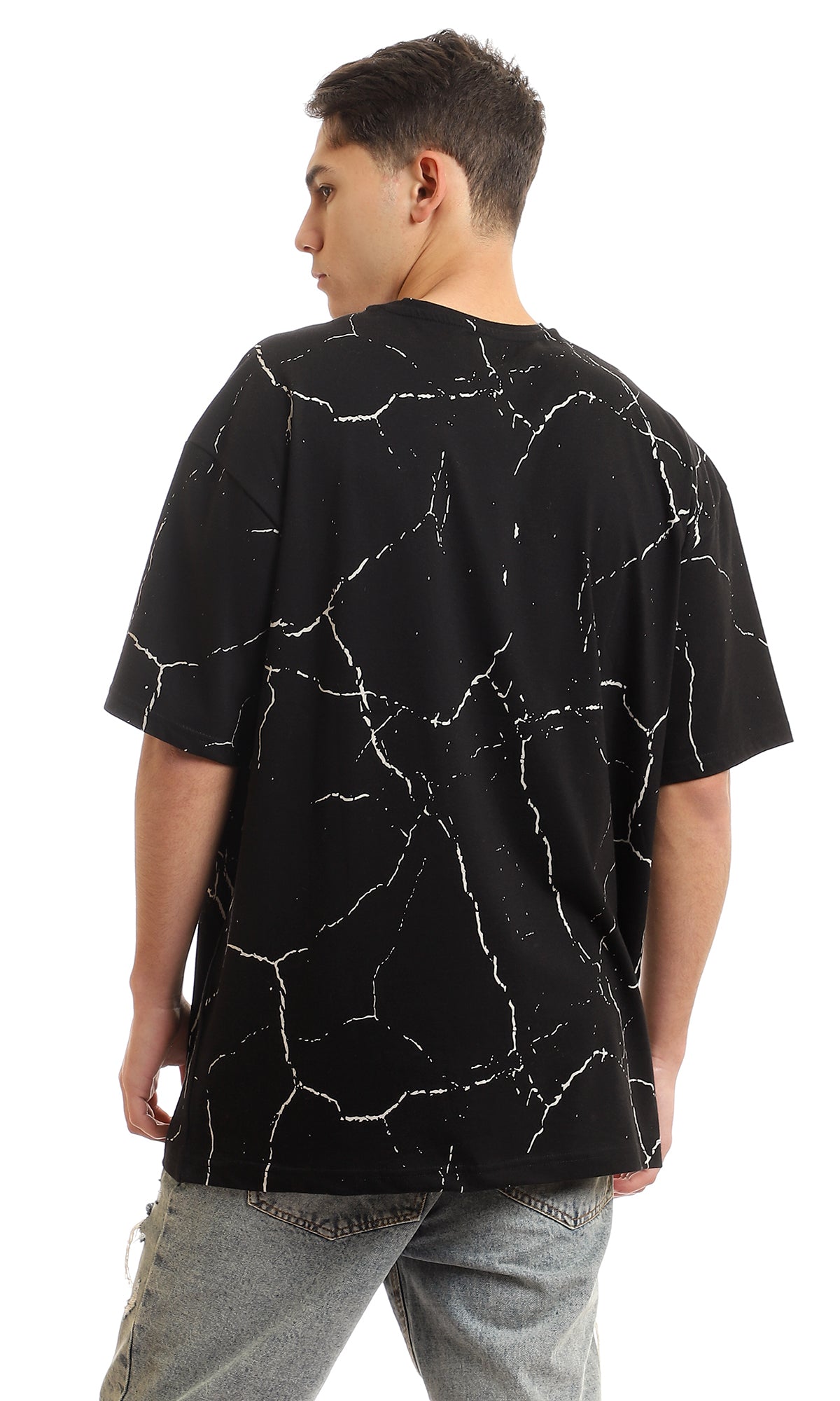 97355 Marble Printed Round Collar T-Shirt - Black