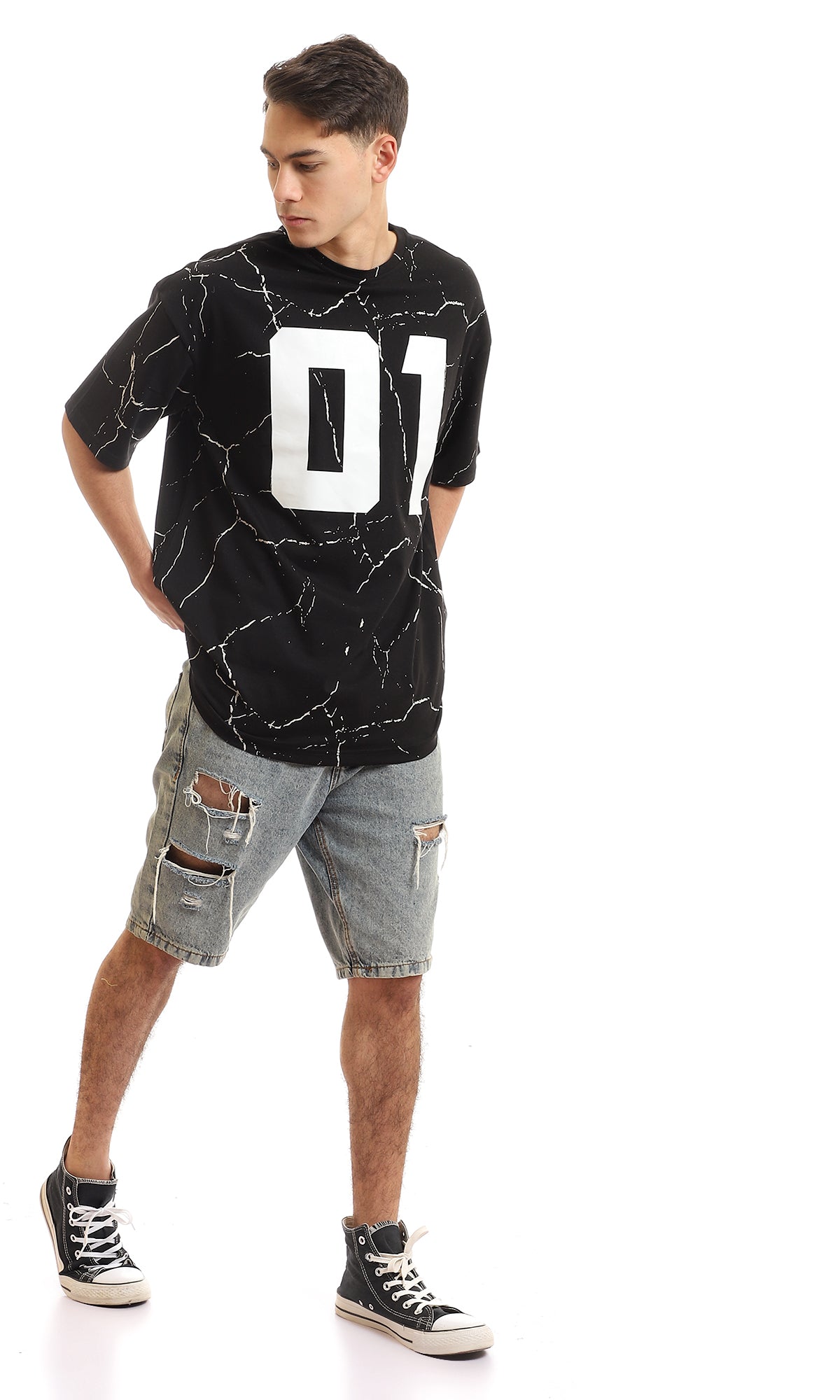 97355 Marble Printed Round Collar T-Shirt - Black