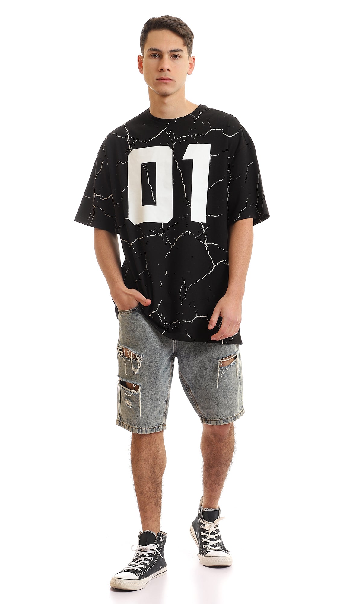 97355 Marble Printed Round Collar T-Shirt - Black