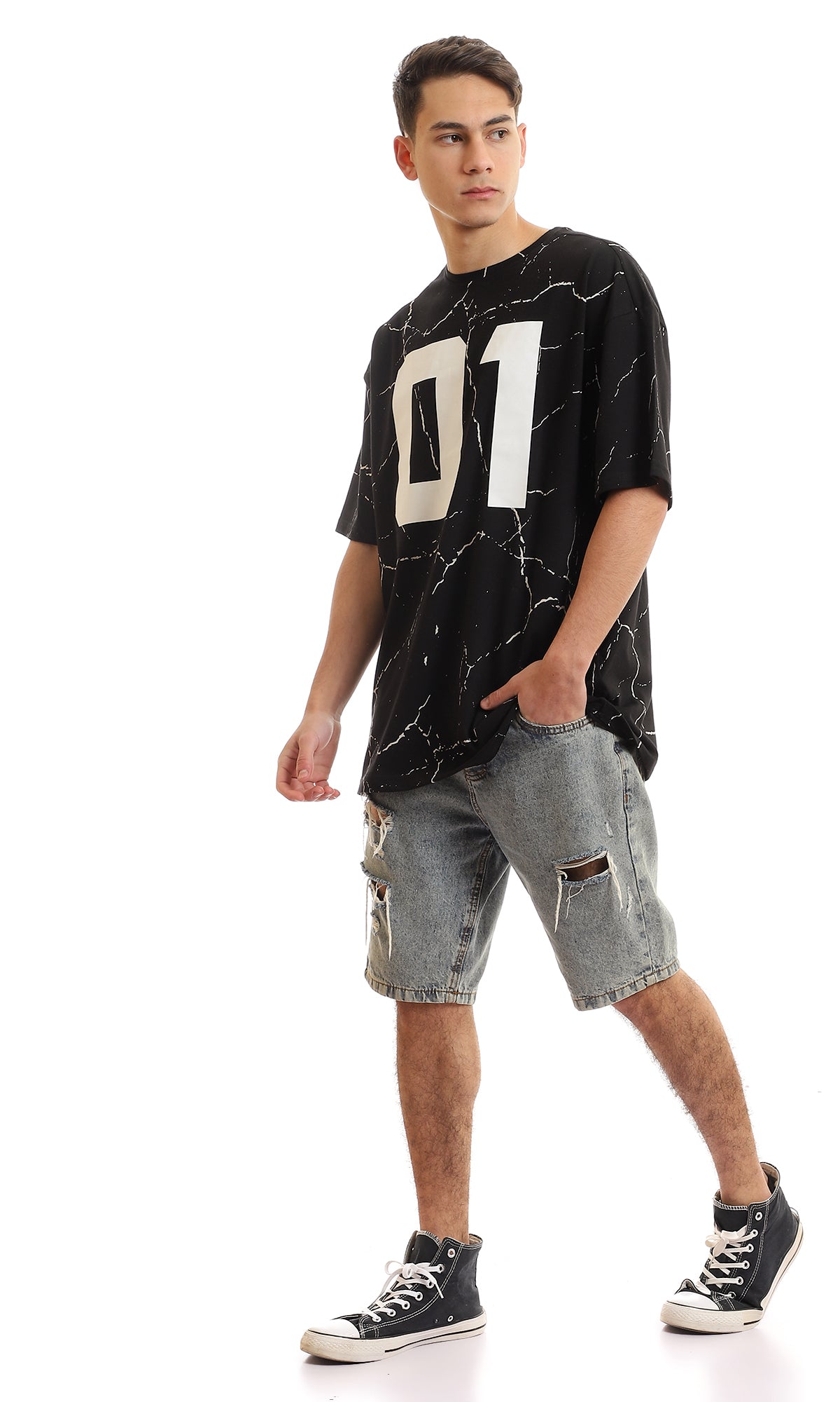 97355 Marble Printed Round Collar T-Shirt - Black