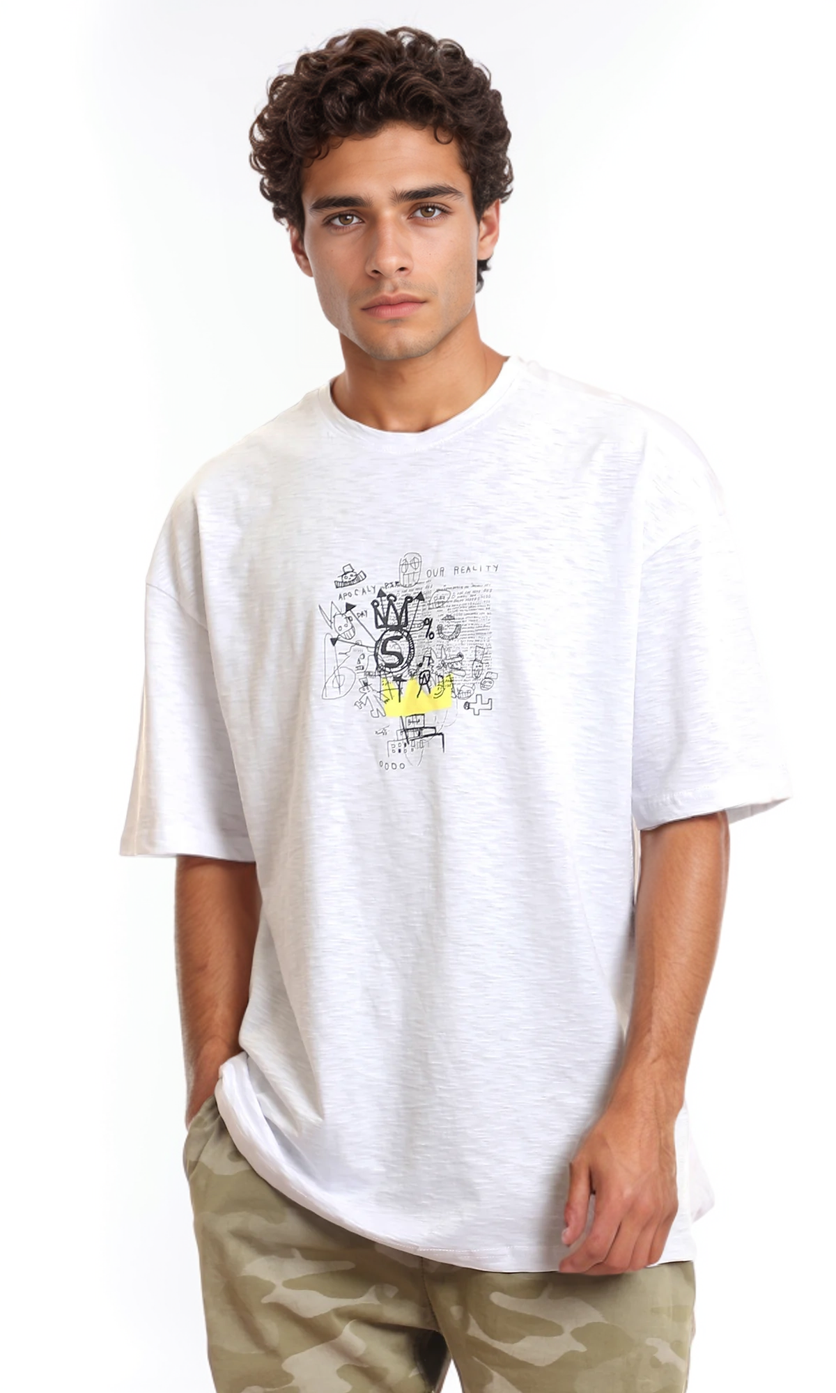 97431 Front Trendy Print & Back Heather White Casual Tee