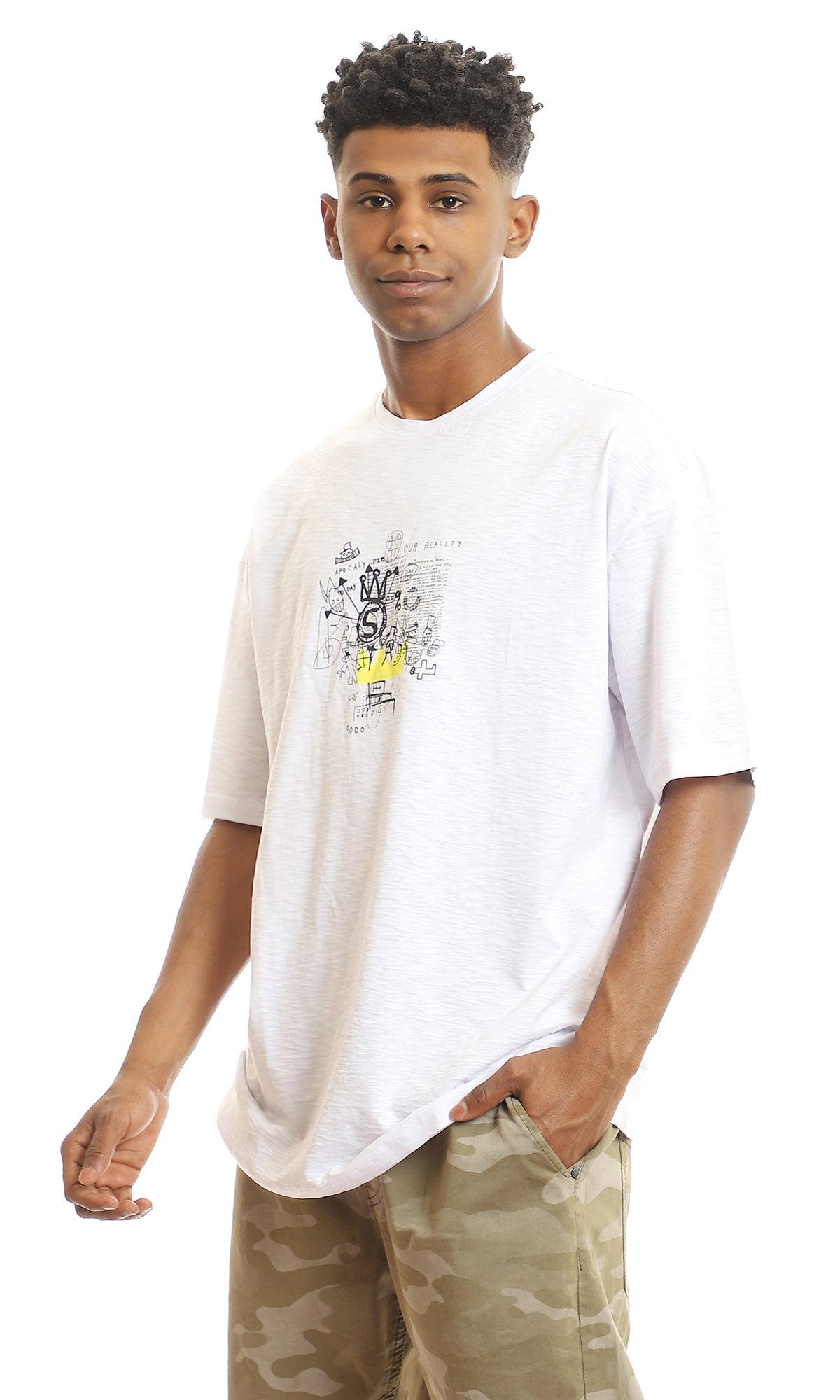 97431 Front Trendy Print & Back Heather White Casual Tee