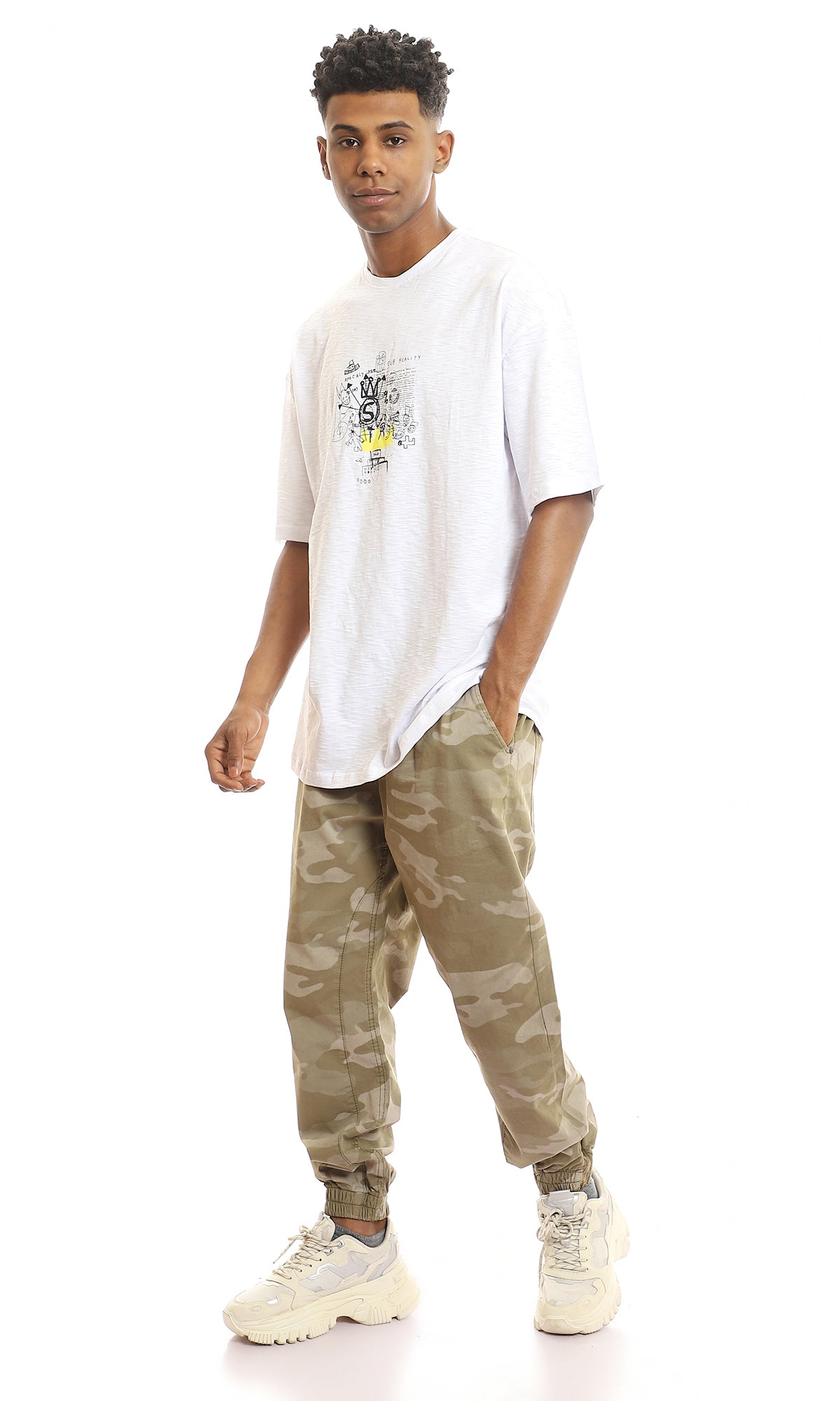 97431 Front Trendy Print & Back Heather White Casual Tee