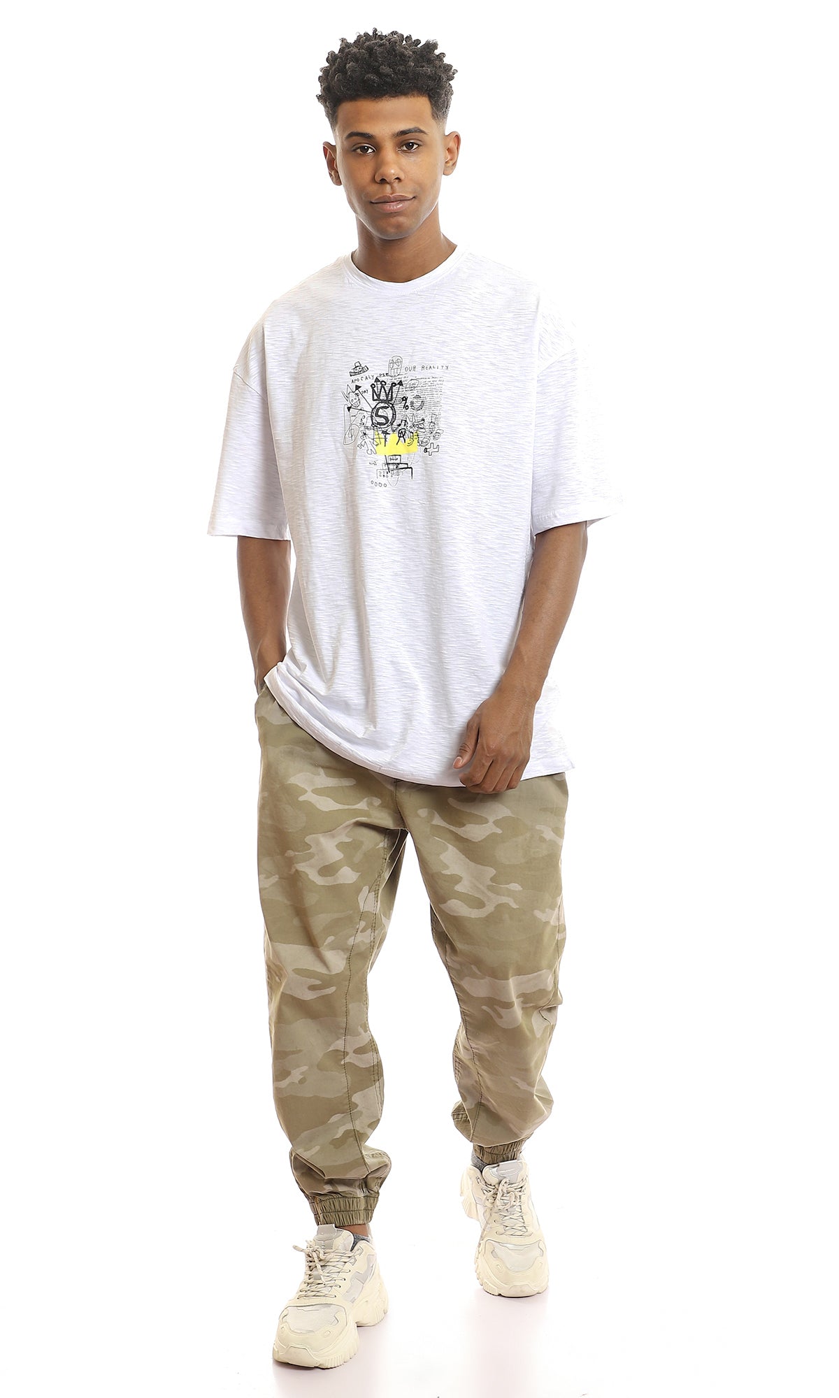97431 Front Trendy Print & Back Heather White Casual Tee
