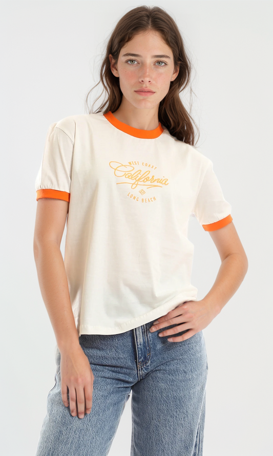 97442 Loose Round Neck Printed "California" Off-White & Orange Tee