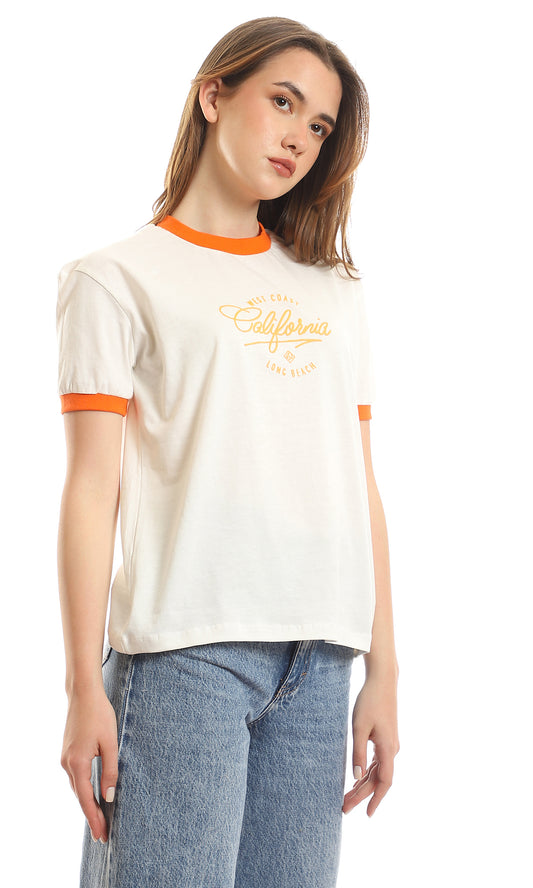 97442 Loose Round Neck Printed "California" Off-White & Orange Tee