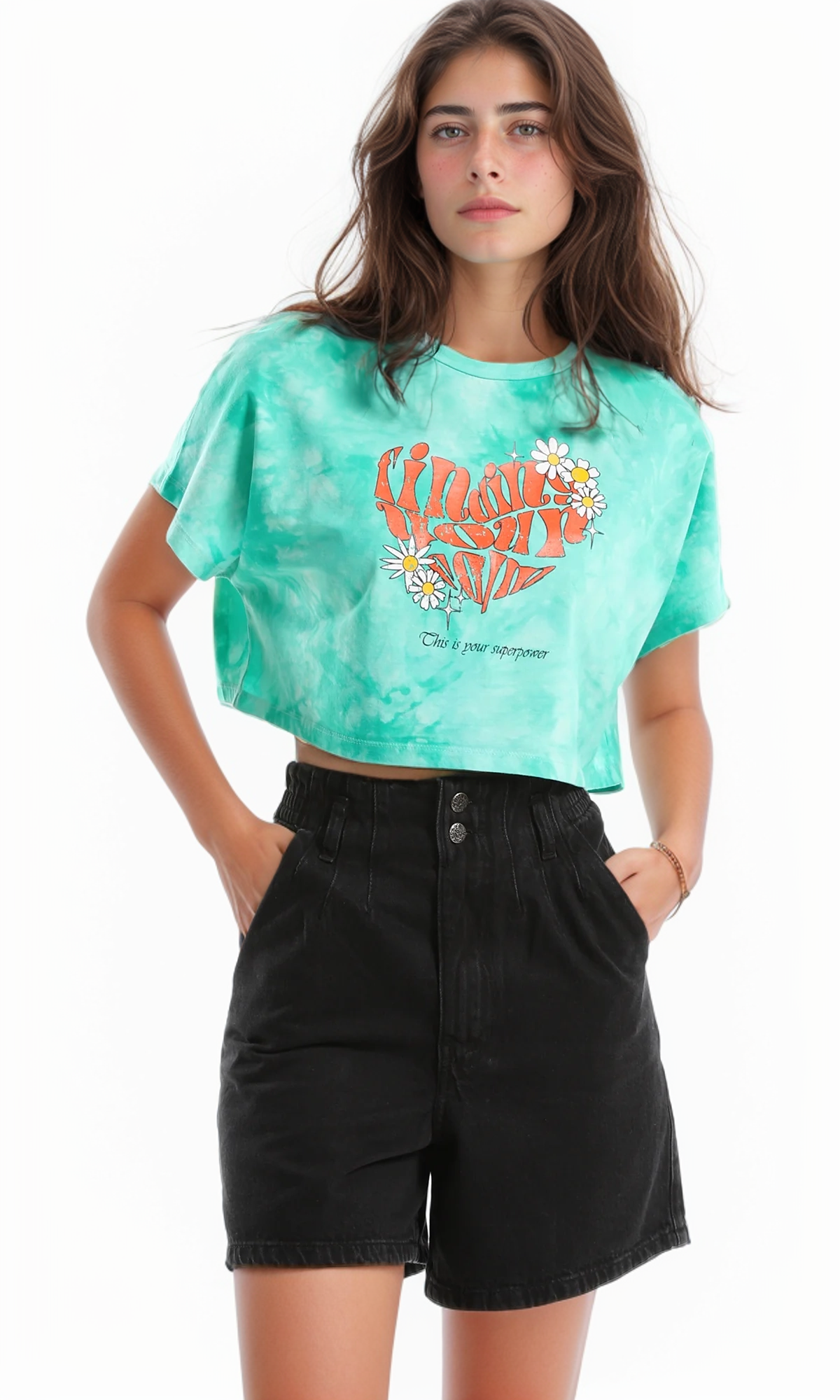 97446 Tie Dye Cropped Oversized Green Tee