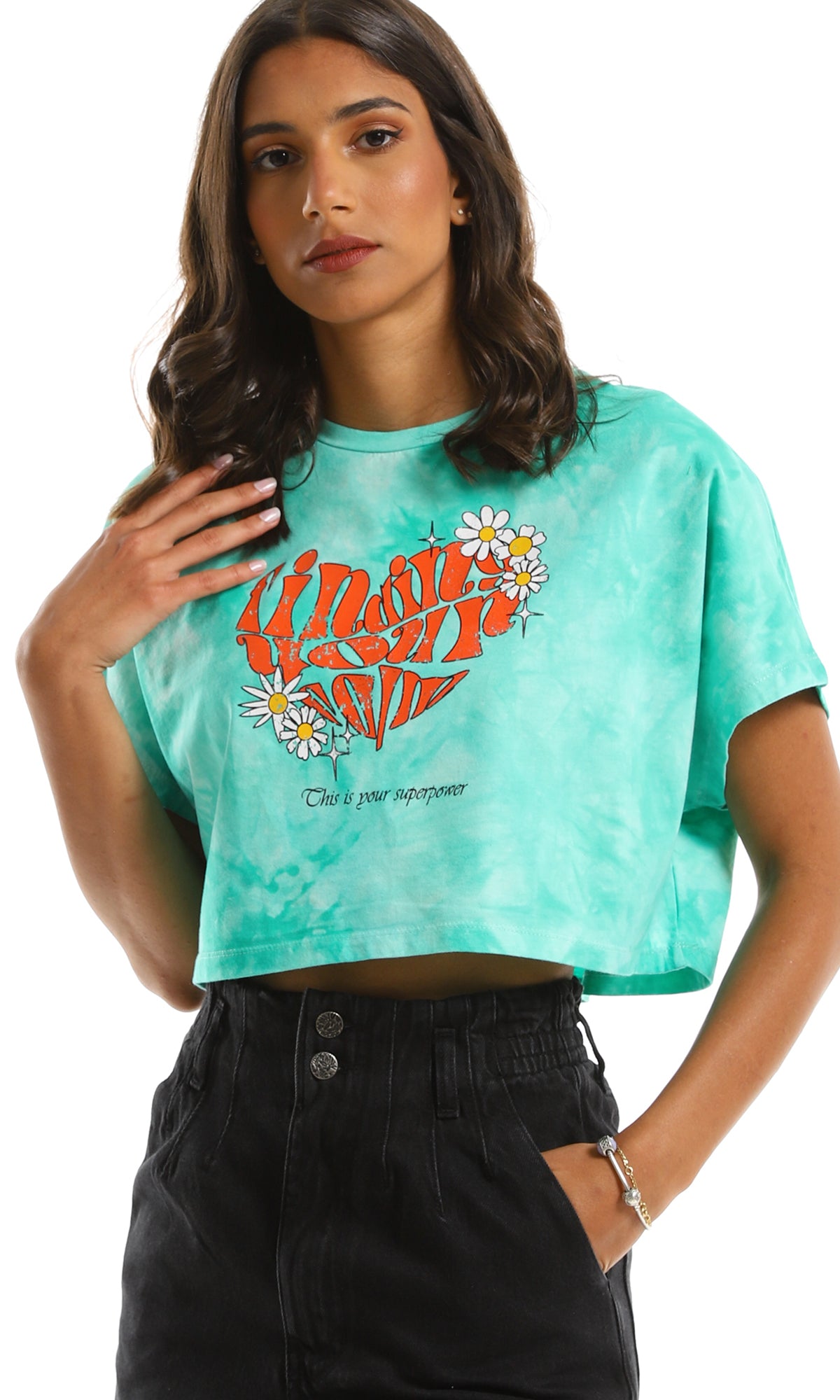 97446 Tie Dye Cropped Oversized Green Tee