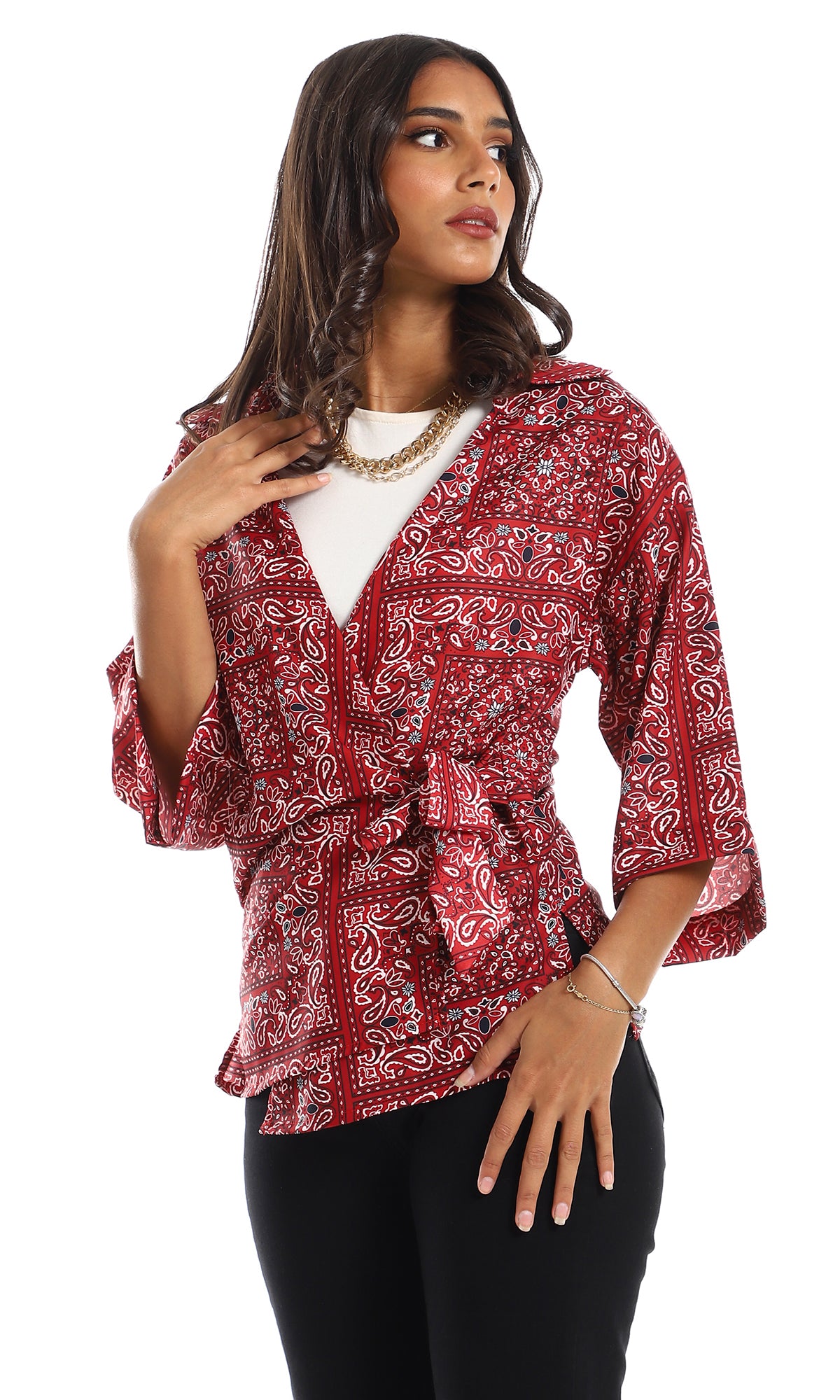 97478 Maroon, Navy Blue & White Surplice Chest Blouse