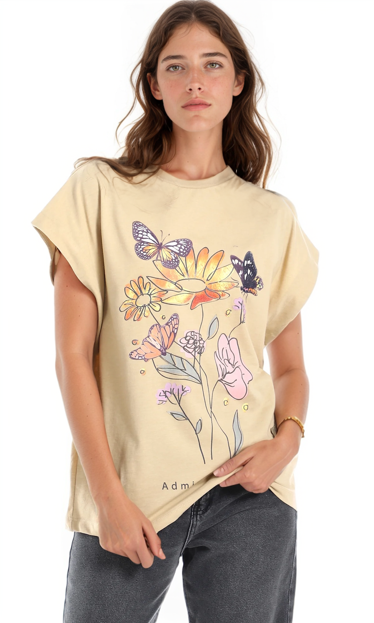 97528 Flowers & Butterflies Front Print Slip On Tee - Beige, Eggplant & Orange