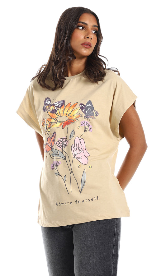 97528 Flowers & Butterflies Front Print Slip On Tee - Beige, Eggplant & Orange