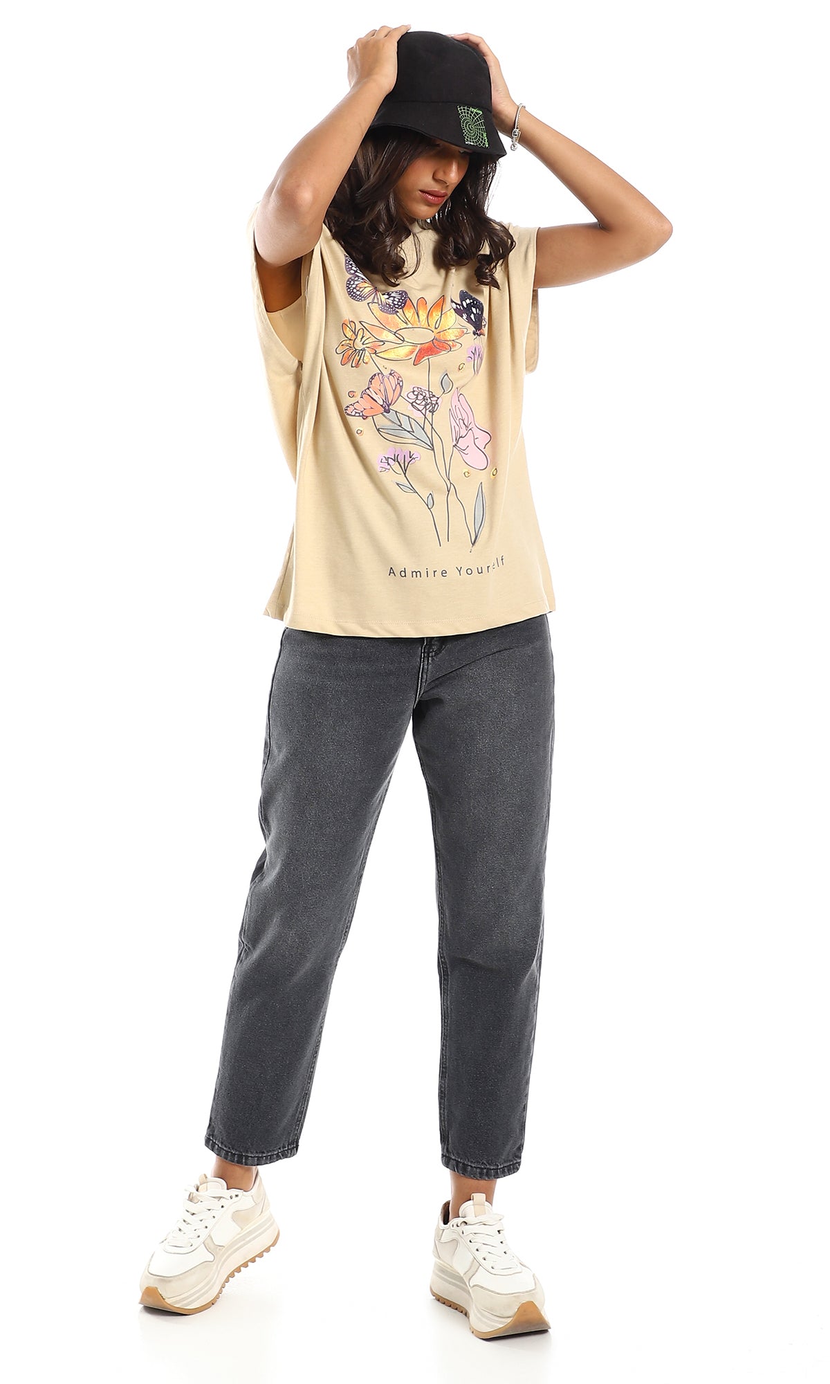 97528 Flowers & Butterflies Front Print Slip On Tee - Beige, Eggplant & Orange