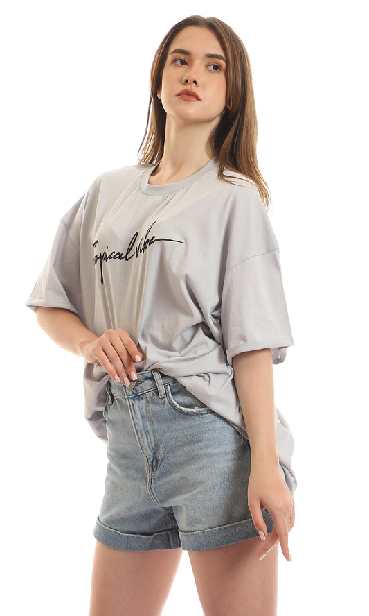 97620 "Tropical Vibe" Drop Shoulders Loose Light Grey Tee