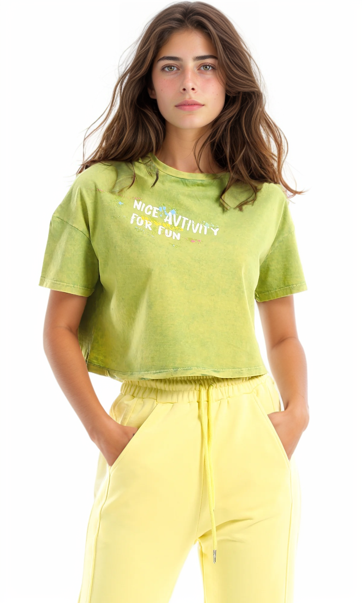 97656 Round Neck Printed Loose Apple Green Tee