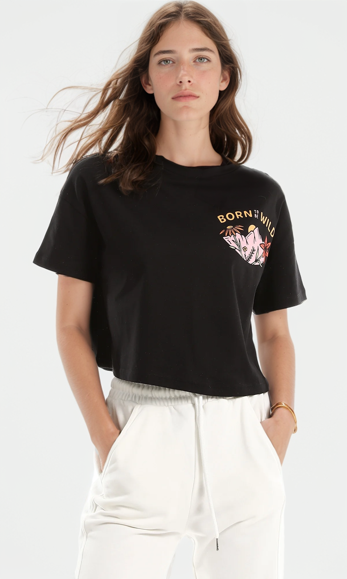 97657 Side Front Printing Loose Round Black Crop Top