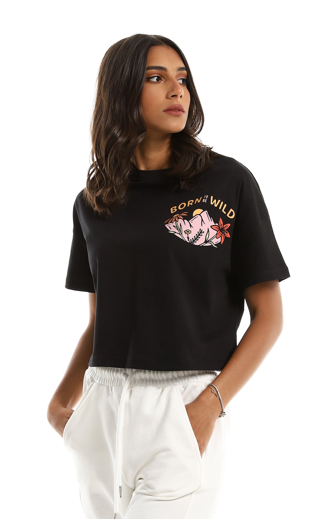 97657 Side Front Printing Loose Round Black Crop Top