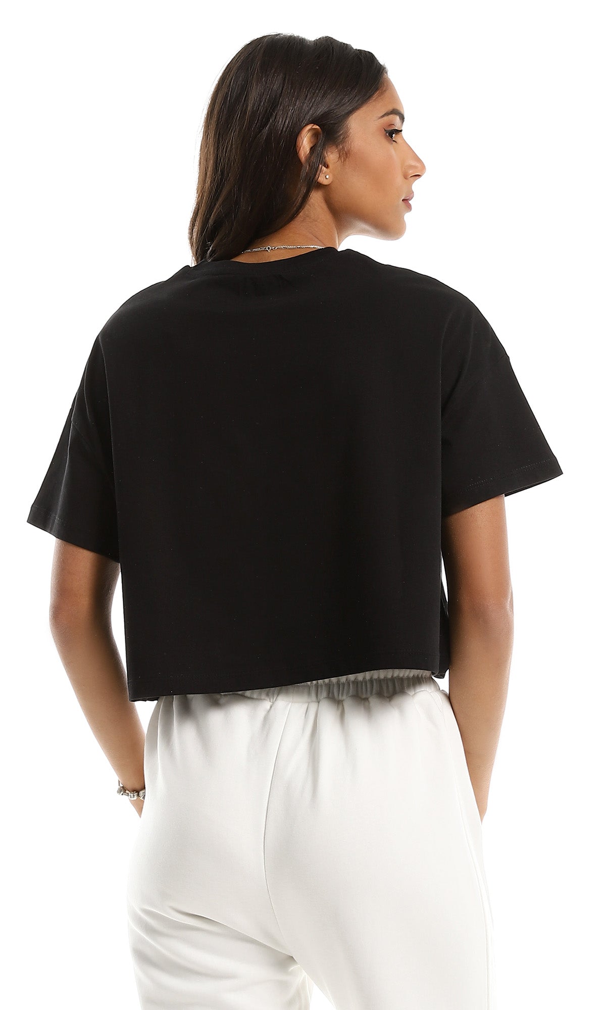 97657 Side Front Printing Loose Round Black Crop Top