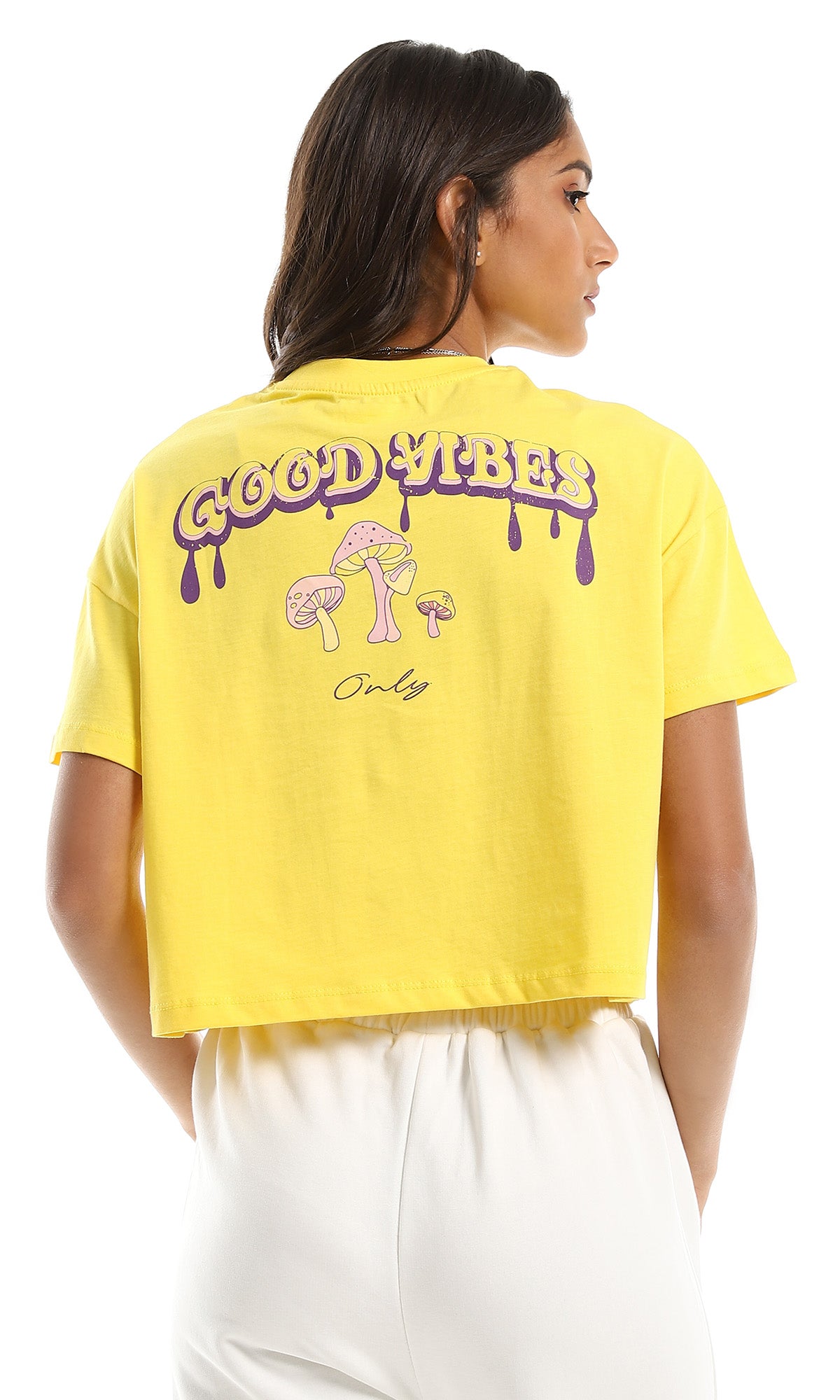 97658 "Good Vibes " Back Printing & Front Side Printing Yellow Crop Top