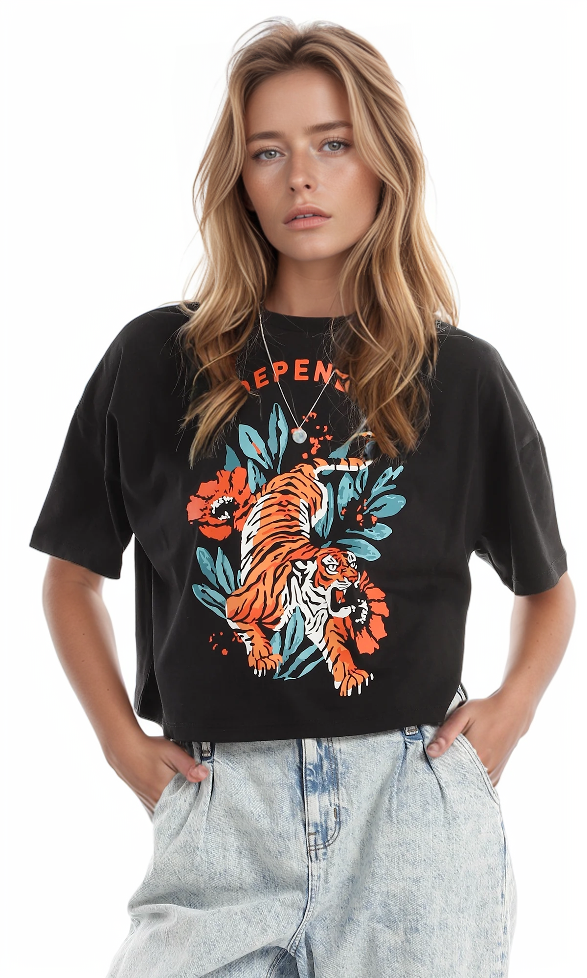 97667 Printed "Tiger" Crew Neck Drop Shoulders Black Cropped Tee