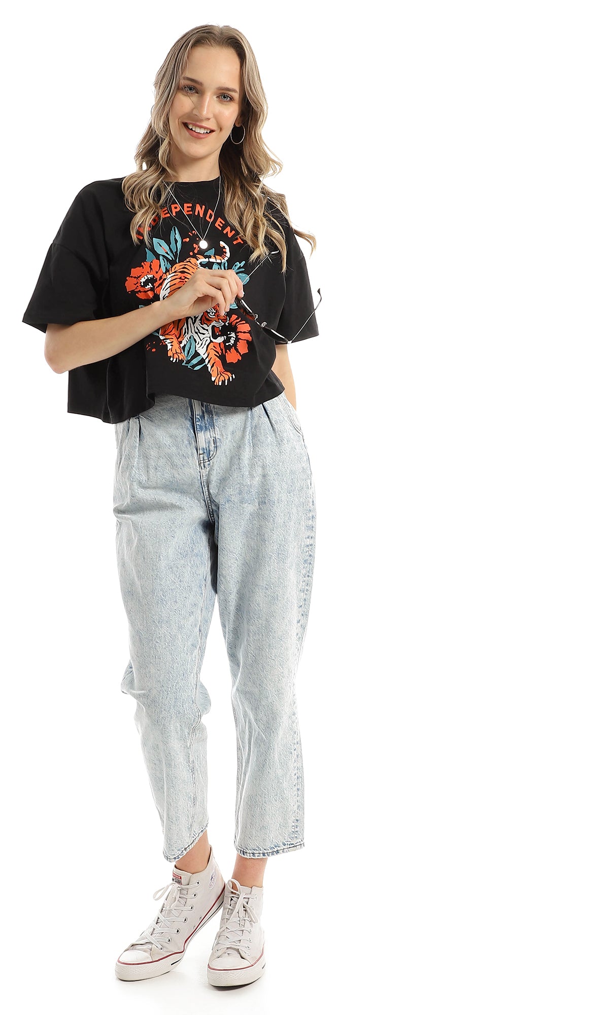 97667 Printed "Tiger" Crew Neck Drop Shoulders Black Cropped Tee