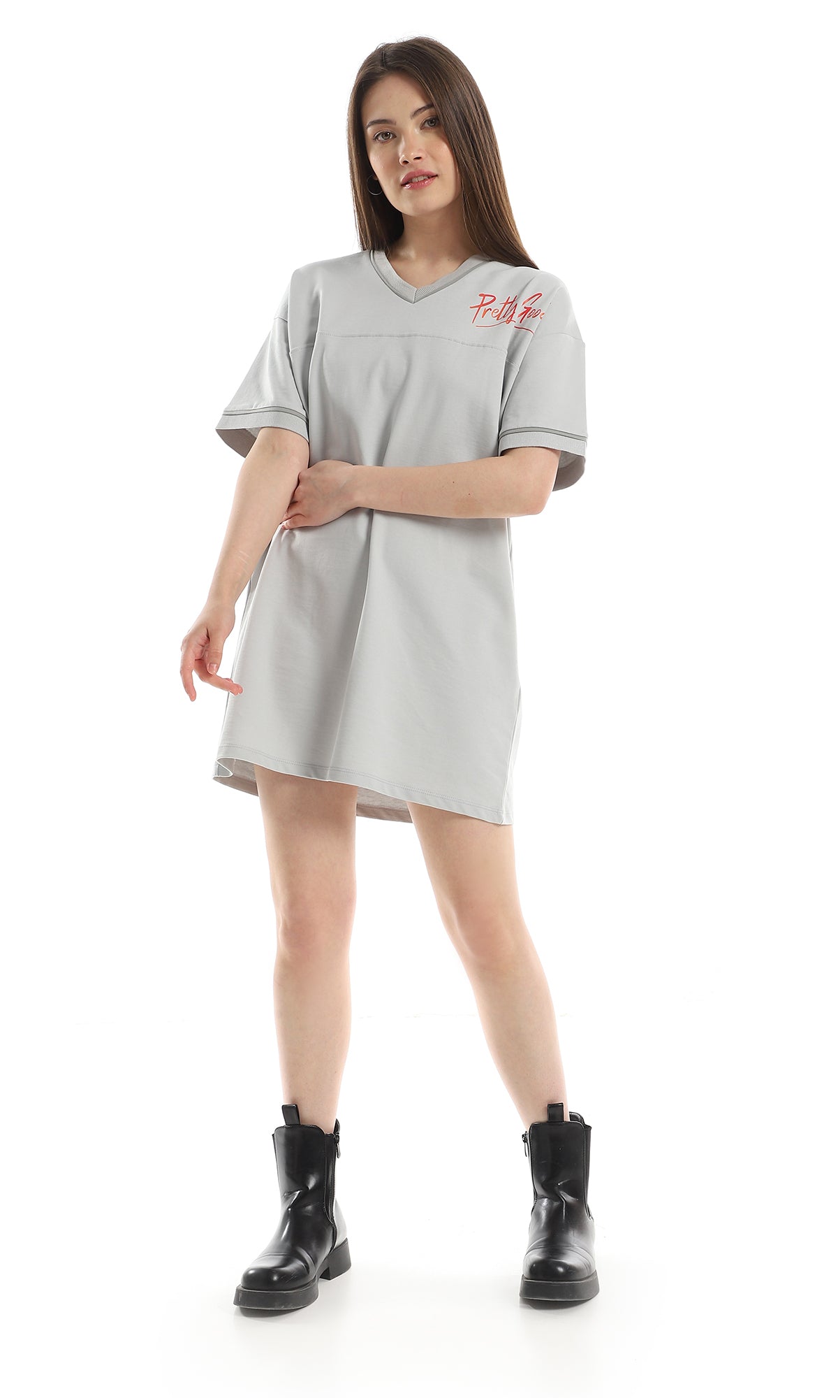 97774 Slip On Loose Fit Printed T-Shirt - Light Grey