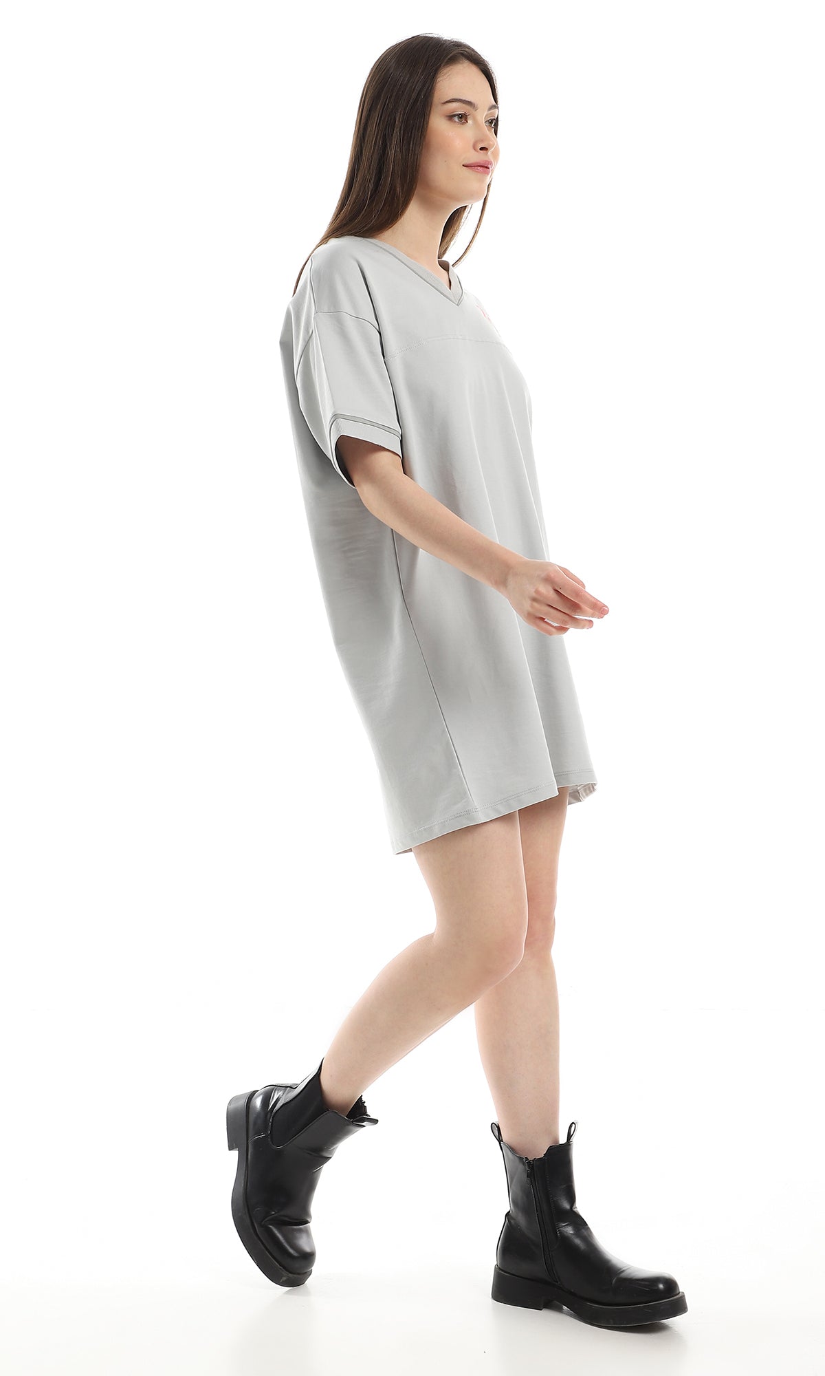 97774 Slip On Loose Fit Printed T-Shirt - Light Grey