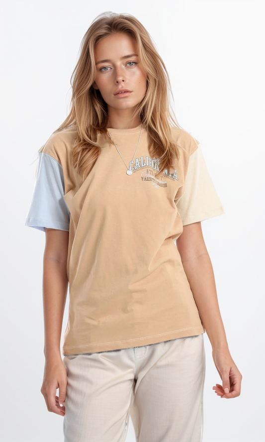 97799 Tri-Tone Cotton Summer Long Tee - Beige, Nude & Baby Blue