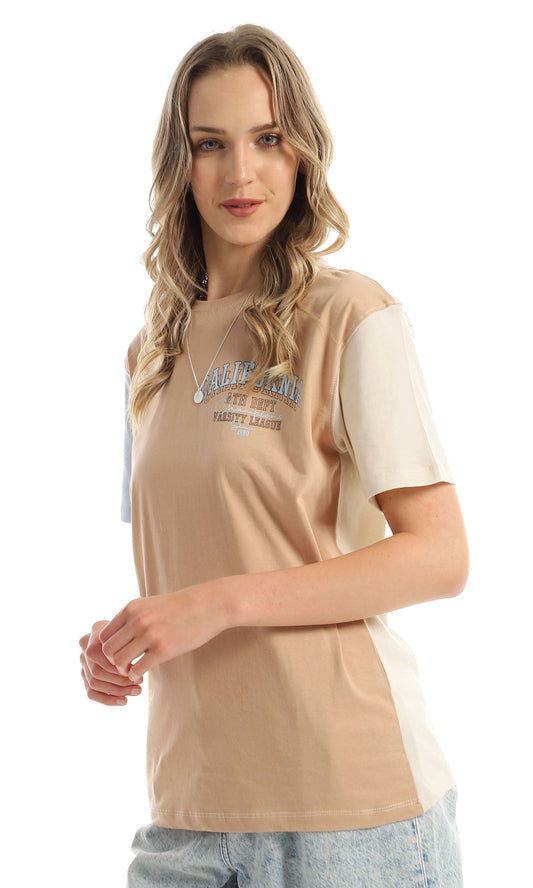 97799 Tri-Tone Cotton Summer Long Tee - Beige, Nude & Baby Blue