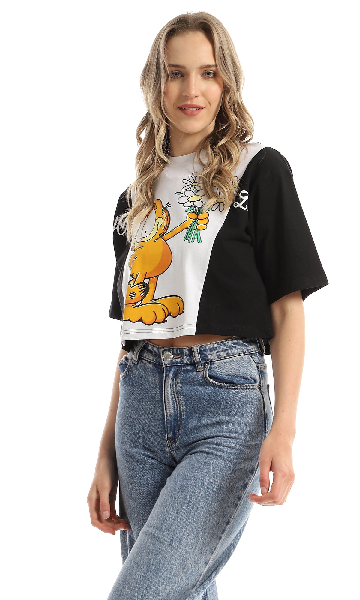 97847 Bi-Tone Summer Garfield Cat Cropped Tee - Black & White